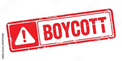 Red and white stamp with an exclamation mark and the word boycott