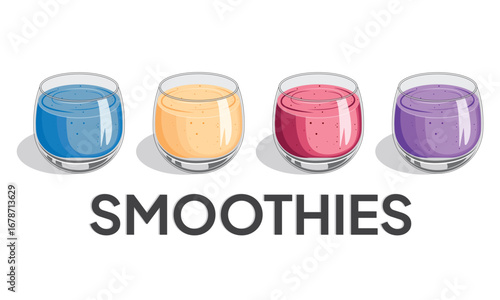 mango, strawberry, grape and blueberry smoothies. Illustration smoothies in a glass cup. Summer drinks. Cup of fruity organic shake. Fruit cocktail. Vector illustration.