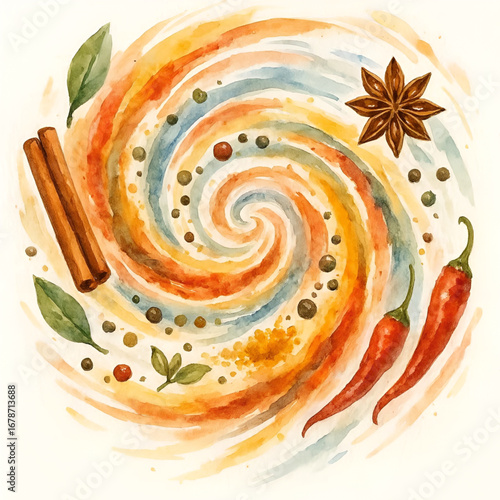 Watercolor painting of spice swirl with cinnamon star anise chili bay leaf and peppercorn