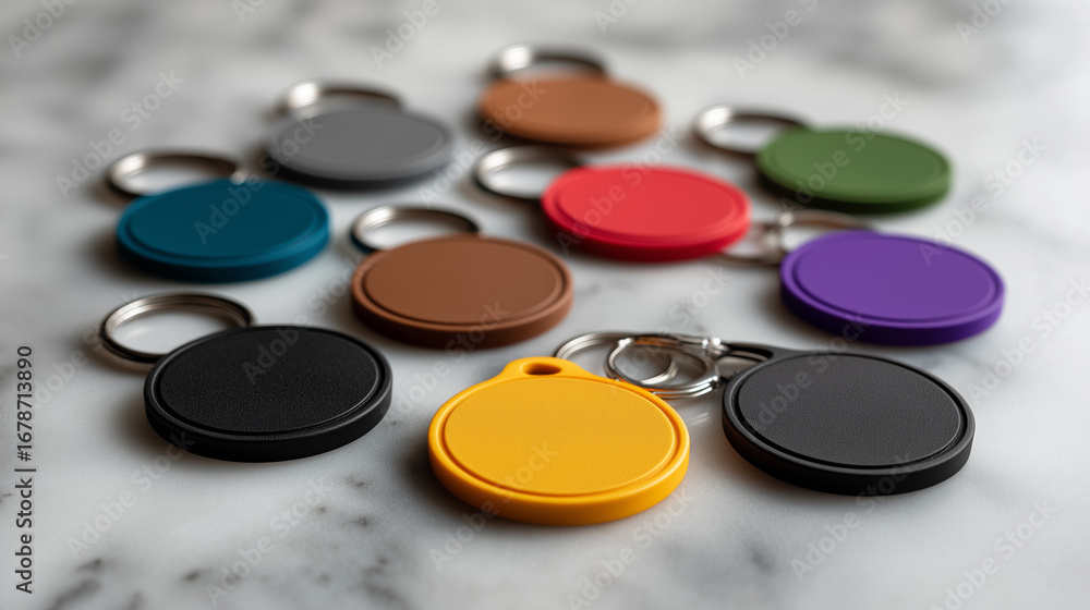 Naklejka premium A colorful assortment of round keychains with metal rings displayed on a marble surface.