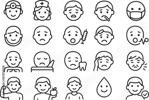 Collection of simple line art icons depicting various human emotions and health conditions