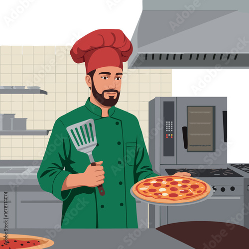 Chef holding freshly baked pepperoni pizza in commercial kitchen with professional cooking equipment and green uniform