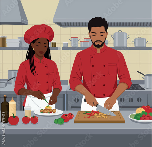 Two chefs preparing fresh food together in professional kitchen with red uniforms and cooking tools vector illustration