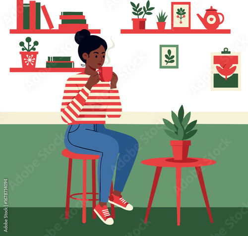 Woman drinking coffee at home sitting on stool surrounded by plants and books in cozy interior design vector