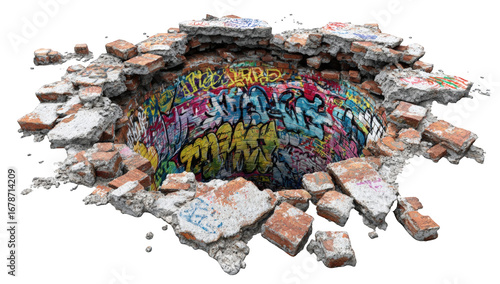 A circular hole pierced through a cracked brick wall, filled with vibrant graffiti