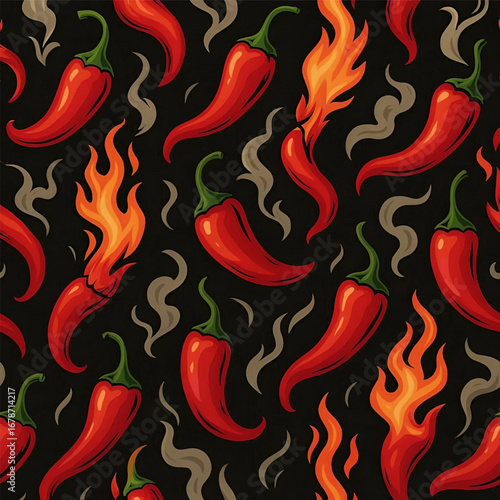 Pattern of red chili pepper with flame and smoke on dark background illustration