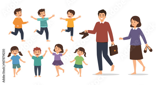 Happy family enjoying a fun day together outdoors with parents and children playing and dancing merrily