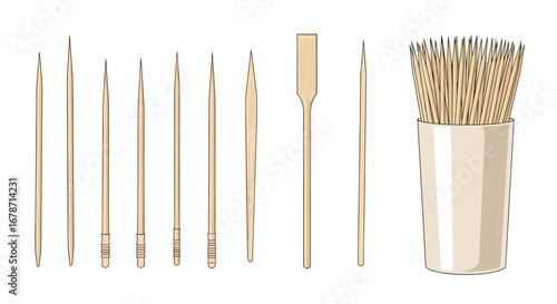 A collection of various wooden toothpicks and a holder displaying different shapes and sizes