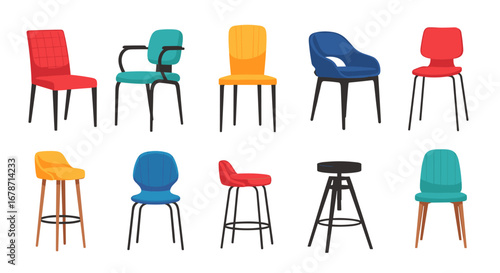 Collection of modern dining chairs and bar stools in various colors and styles for home and office decor