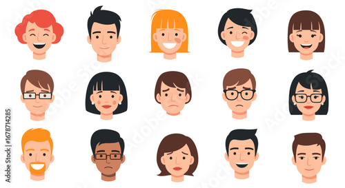 Diverse collection of expressive human faces displaying a range of emotions and styles