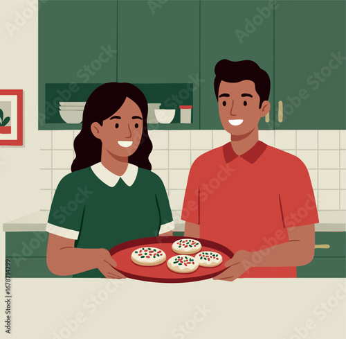 Couple holding plate with decorated cookies in kitchen smiling happily together vector illustration