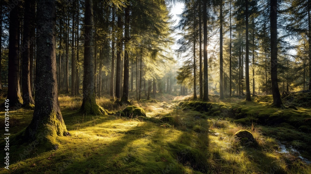 Fototapeta premium Lush green forest with sunlight filtering through trees creating a serene natural atmosphere