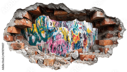Fototapeta Naklejka Na Ścianę i Meble -  Graffiti-covered wall hole in a brick wall