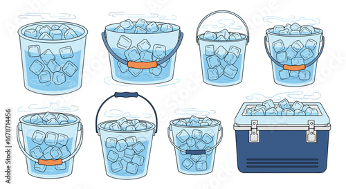 Collection of clear buckets and a cooler filled with ice cubes and water ready for outdoor summer activities