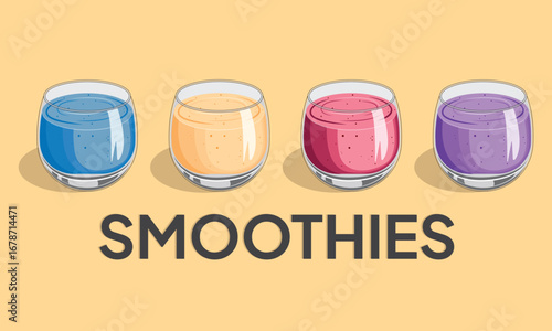 mango, strawberry, grape and blueberry smoothies. Illustration smoothies in a glass cup. Summer drinks. Cup of fruity organic shake. Fruit cocktail. Vector illustration.