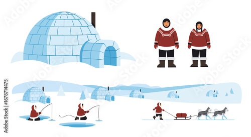 Arctic indigenous peoples living traditional lives with igloos and dog sleds in a snowy landscape