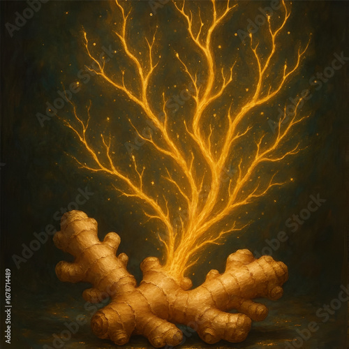 Stylized ginger root with glowing golden branch tree illustration on dark background