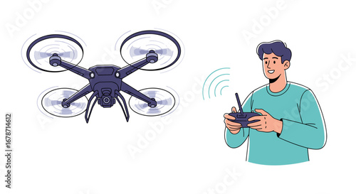 A person controlling a quadcopter drone with a remote transmitter for aerial photography and videography applications