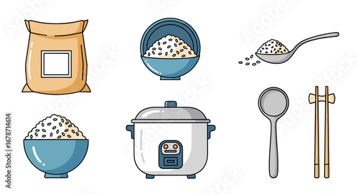 Collection of rice cooking utensils and ingredients featuring a bag of rice a bowl of rice a rice cooker a spoon and chopsticks for asian cuisine preparation