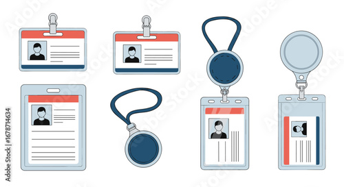 Collection of various employee identification badge holders and lanyards for access control and visitor management purposes