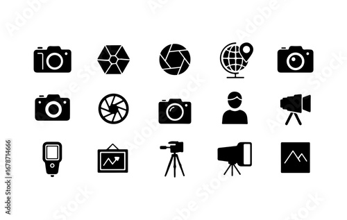 Collection of photography and videography icons including cameras lenses tripods and travel symbols