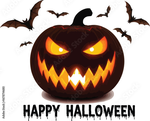 Happy halloween pumpkin with bats, a spooky and festive design for your holiday celebration, perfect for greeting cards and party invitations
