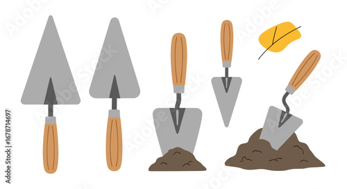 Various gardening trowels and a fallen autumn leaf illustration