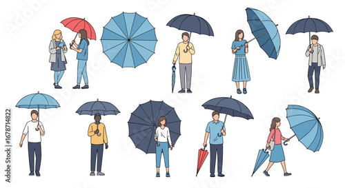Diverse group of people holding various umbrellas during rainy weather scenes