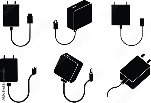 Charging adapter silhouette vector set. Editable stroke.


