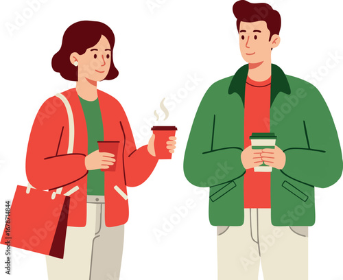 Young man and woman holding coffee cups in casual clothes enjoying warm drinks together vector illustration