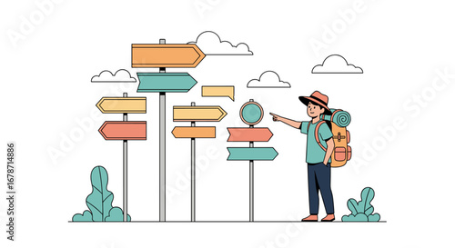 Traveler chooses direction at crossroads of multiple signposts with various destinations and paths leading forward