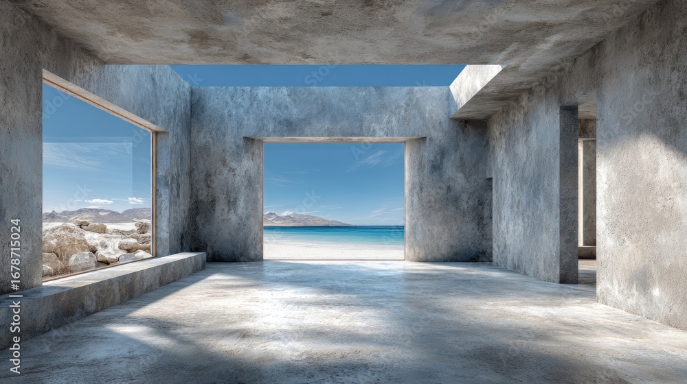 Obraz premium Concrete interior space opens to ocean view