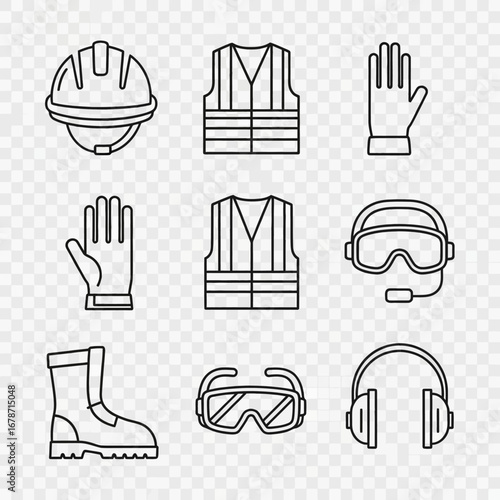 This vector illustration showcases a vital collection of personal protective equipment icons, highlighting essential safety gear for industrial and construction workers.