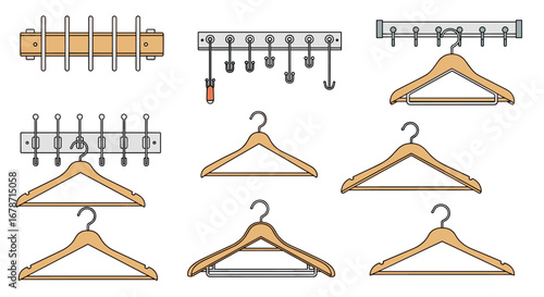 Collection of wooden clothes hangers and wall mounted racks for efficient garment storage and organization solutions