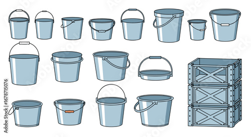 Collection of various metal buckets and containers showing different designs and sizes ideal for storage and transport applications