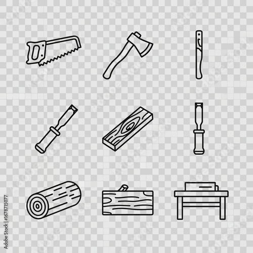 A versatile collection of line art icons depicting essential woodworking tools and raw materials, perfect for craft and construction designs.