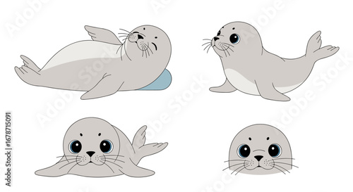 Charming cartoon seals expressing joy and playfulness in various adorable poses