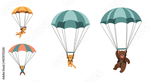 Adorable animals enjoying a thrilling parachute jump adventure in the sky
