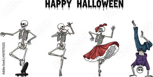 Dancing skeletons in various poses with happy halloween text, perfect for spooky season themed designs and festive halloween celebrations