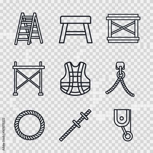 Illustrative outline icons showcasing essential equipment like ladders, harnesses, ropes, and scaffolding, crucial for construction and safety tasks.