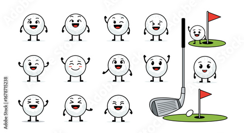 Cute animated golf balls expressing diverse emotions and poses on a green with flagsticks and club
