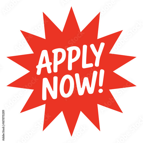 Bright red starburst with apply now text