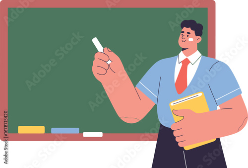 Teacher with Chalk and Book at Blackboard