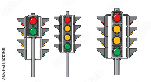 Collection of modern traffic signal lights showing red yellow and green lights for road safety control