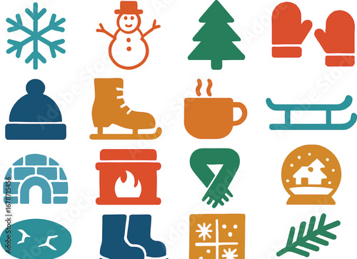 Flat Winter Icon Set Seasonal Snow Collection
