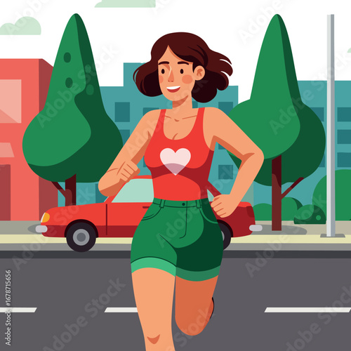 Woman jogging outdoors in urban environment wearing red tank top with heart symbol and green shorts active lifestyle scene
