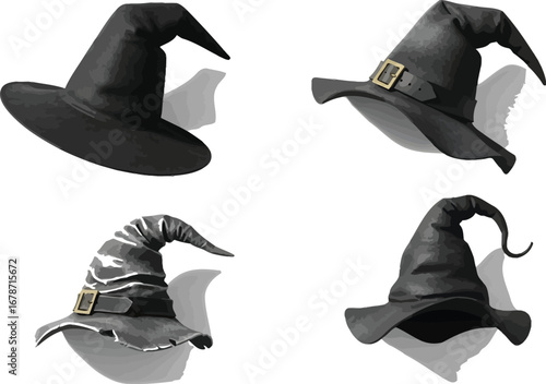 Four different witch hats, perfect for halloween costume designs and magical themed illustrations for party invitations