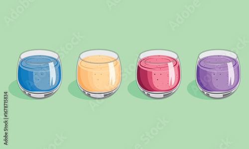 mango, strawberry, grape and blueberry smoothies. Illustration smoothies in a glass cup. Summer drinks. Cup of fruity organic shake. Fruit cocktail. Vector illustration.