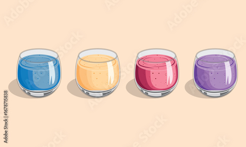 mango, strawberry, grape and blueberry smoothies. Illustration smoothies in a glass cup. Summer drinks. Cup of fruity organic shake. Fruit cocktail. Vector illustration.