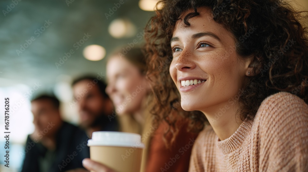 Naklejka premium Smiling young woman with coffee in casual meeting, friendship and lifestyle, positive emotions and modern community